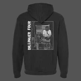 Black full zip hoodie with Dillinger Four Situatonist Comedy design on the back.