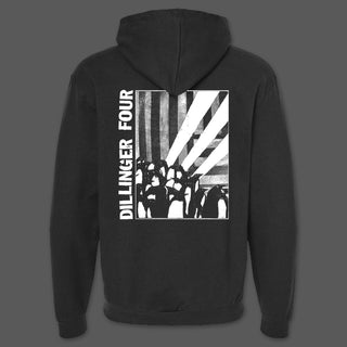 Black hoodie with Dillinger Four Civil War graphic on the back of a full zip hoodeed sweatshirt.