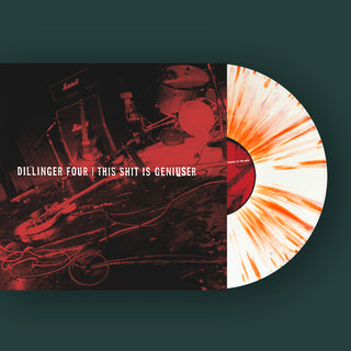 Mock up of vinyl and cover art for this shit is geniuser.  Orange and  white splatter record coming out of the cover.  Cover art is a red pohtographic image on a black background of musical equipment chaotically left on a stage.