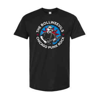Black t-shirt with 'The Bollweevils Chicago Punk Rock' graphic design with an image of the guitar player Ken on it.